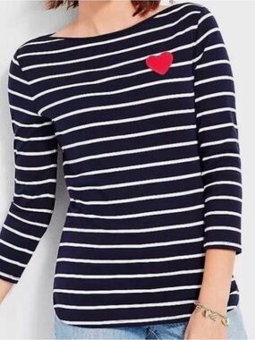 Talbots Navy & White Striped Boatneck Top with Red Heart Patch